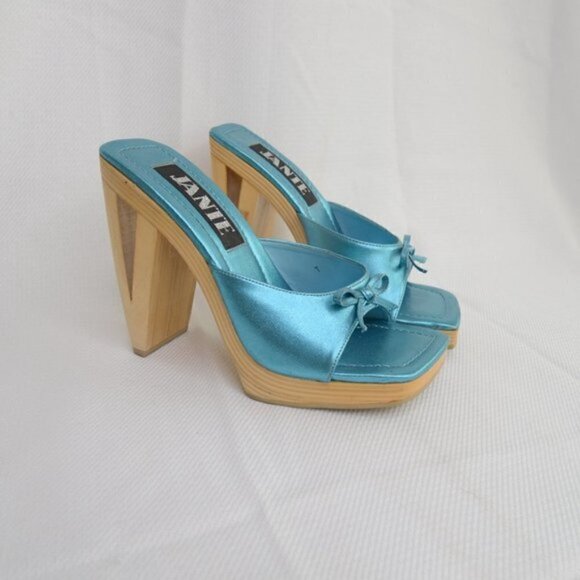 Y2K Platform Wooden Clog Shoes Satin Blue Sz 7 - Picture 3 of 10
